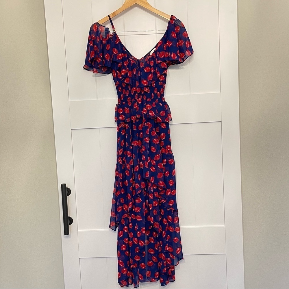 NWT MISA LOS ANGELES Blue Leaf Print Layered Tiered Ruffle Asymmetrical Dress - Picture 3 of 10